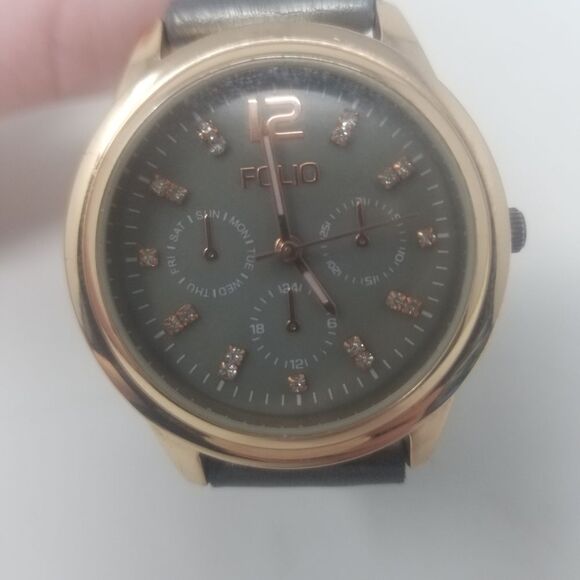 Folio Gold Multi Dial Grey Face Faux Leather Band Gemmed FMDFOL054 Men's Watch - Picture 2 of 12